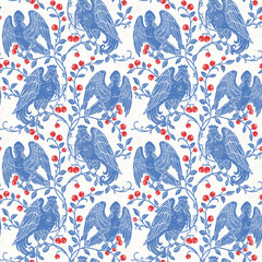 Seamless Slavic Mythology Alkonost Bird-Woman Pattern , Vintage Folk Art Wallpaper Design with Ornamental Branches and Berries