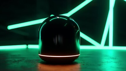 Futuristic black device with a glowing base, set against a neon green geometric background. - Powered by Adobe