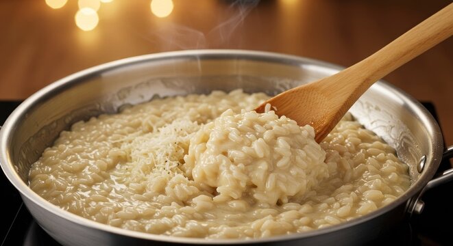 A wooden spoon stirs creamy risotto in a stainless steel pan