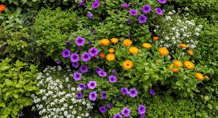 Obraz premium Vibrant floral display with purple petunias orange calendula and white alyssum