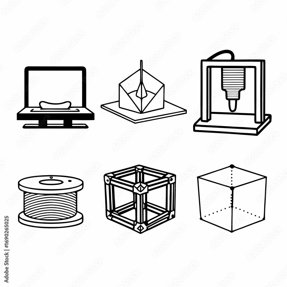 Poster six different 3d printing related icons, showcasing various shapes and structures