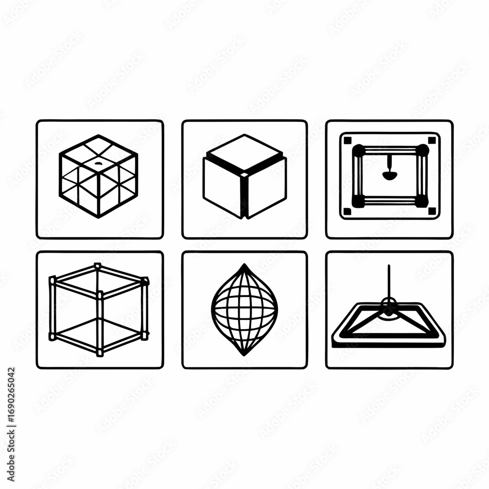 Poster six different 3d printing design icons, showcasing various shapes and structures