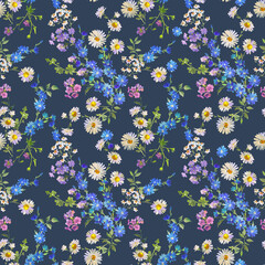 Floral Frame in Gouache Painting Style , Wildflowers, Daisies, and Cornflowers on Dark Background for Fabric, Wallpaper, and Surface Design