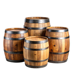 Obraz premium Set of Rustic Wooden Barrels in Different Sizes, isolated on a transparent background