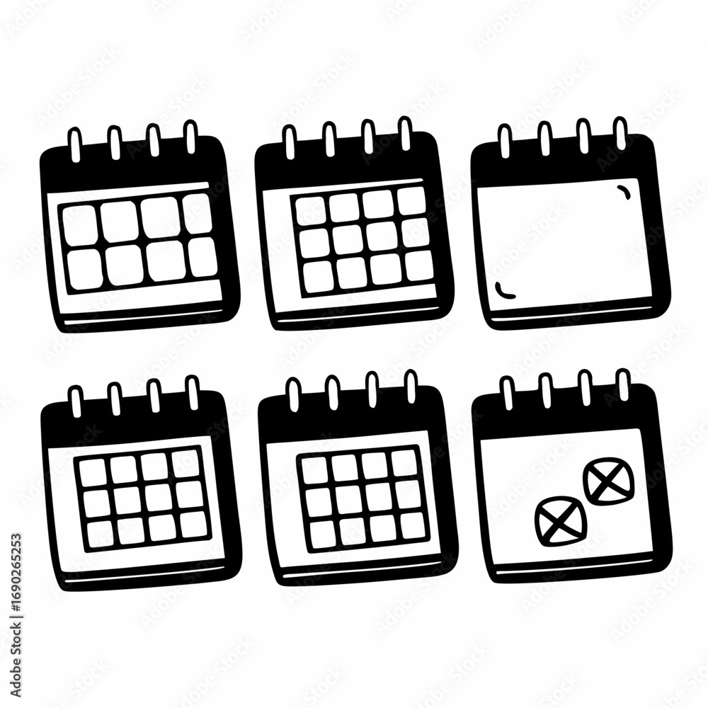 Poster six hand drawn calendar icons representing different dates and time periods