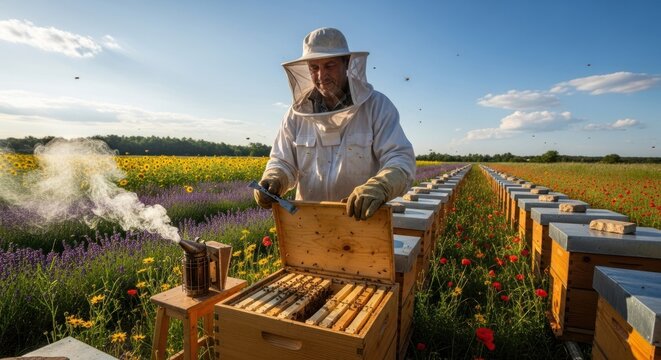 A beekeeper in a white beekeeper's suit, holding a smoker, working in a field of sunflowers and poppies.