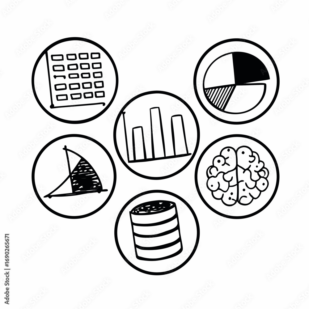 Poster collection of data science icons, representing various aspects of data analysis