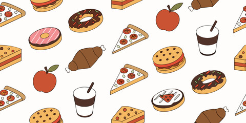 A high-resolution flat-lay image of 80 realistic food and drink items arranged in neat rows on a clean white background. The items include fresh fruits like cherries and apples, dairy products like ch