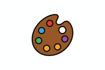 A simple cartoon illustration of an artist's wooden paint palette with various colored paints.