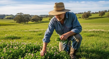 A man in a straw hat and denim shirt, kneeling in a lush green field of flowers, examining a patch of clover.