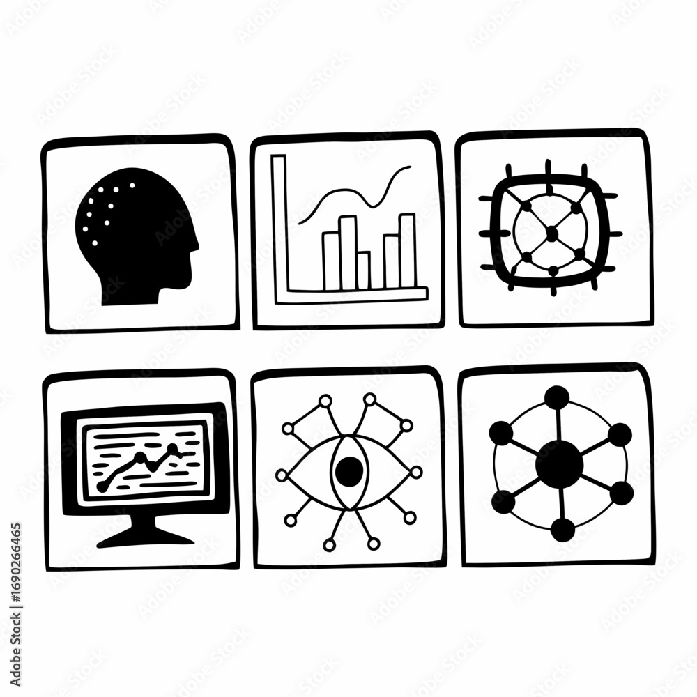 Poster collection of data science icons in square frames, artificial intelligence concept