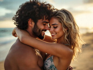 Fototapeta premium Romantic couple embracing on beach at sunset.