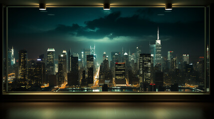 View of the city skyline from an empty room with large glass windows at night. The glowing skyscrapers, Perfect for use in architectural presentations, luxury interior and design mockups
