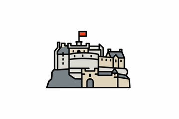Illustration of a castle with a red flag on top, depicted in a minimalist, line art style.
