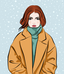 1564_Beautiful young woman wearing camel coat and turtleneck against background with snowfall
