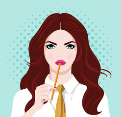 1571_Pretty young girl thinking seriously, frowning and tapping pencil on her lips