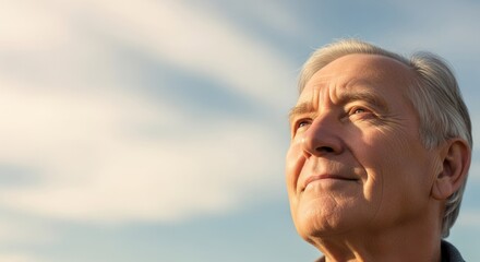 A serene elderly man with gray hair looking up at the sky with a thoughtful expression.