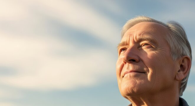 A serene elderly man with gray hair looking up at the sky with a thoughtful expression. - Powered by Adobe