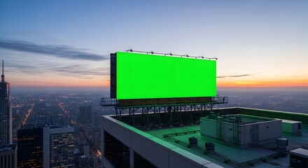 Blank green screen billboard for commercial advertising on a skyscraper rooftop with a panoramic city view at twilight
