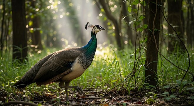 Peahen in Forest Sunlight.