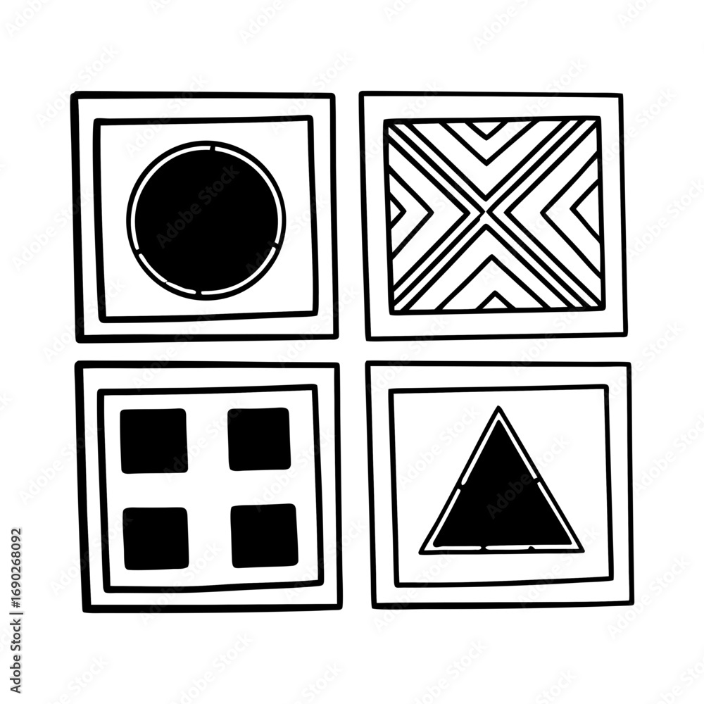 Poster set of four square geometric shapes, each containing a different design
