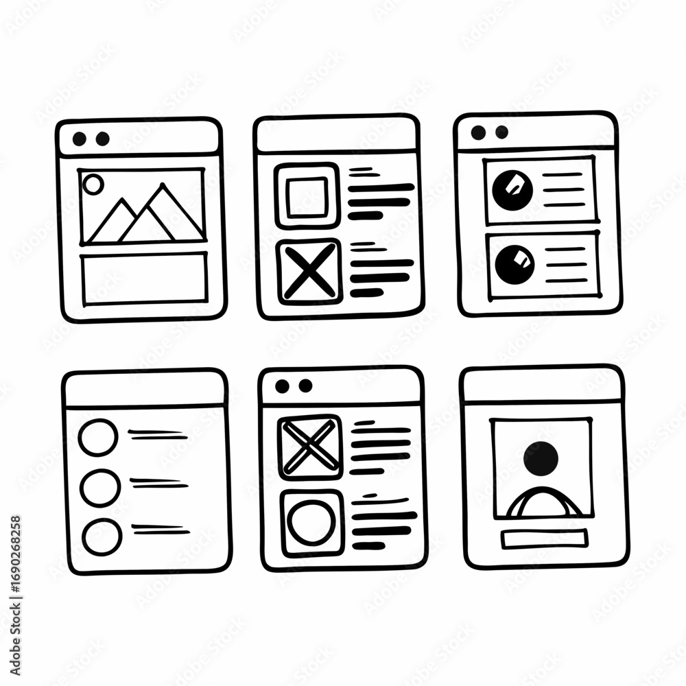 Poster collection of hand drawn interface templates for web design projects