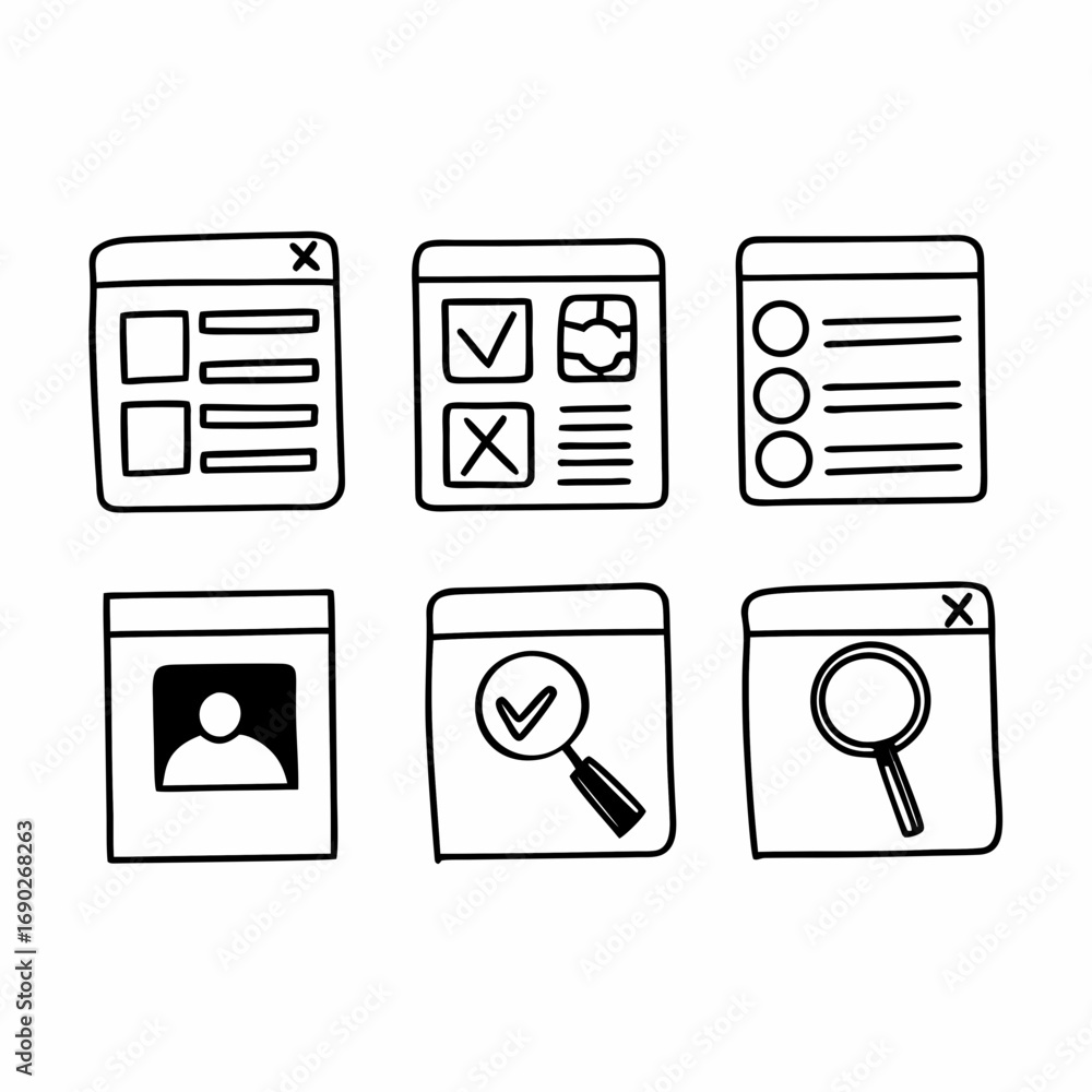 Poster hand drawn web browser icons for user interface and web development projects