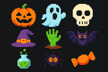 Pixel Art Halloween Ghosts, Skulls, Pumpkins and Zombie Hand