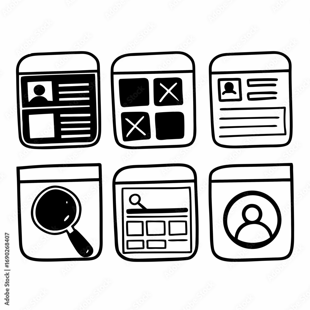 Poster hand drawn set of user interface icons on browser window vector illustration