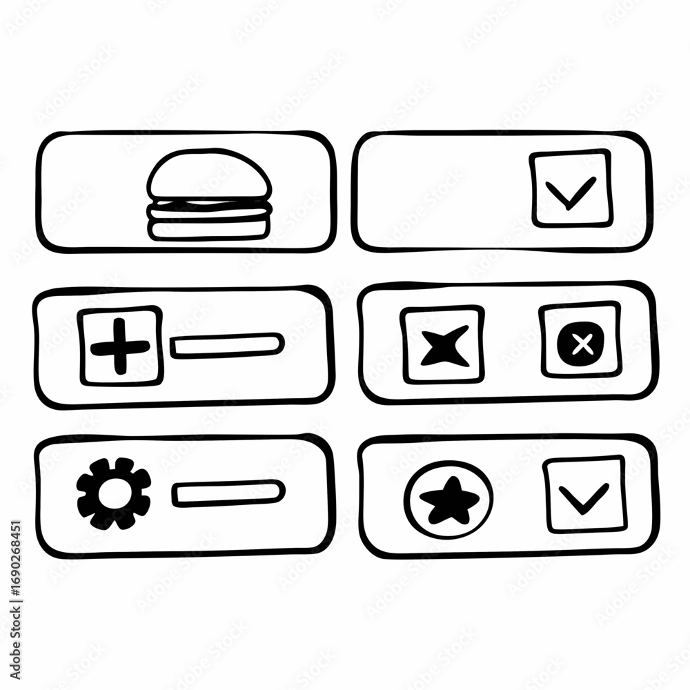 Aufkleber hand drawn user interface elements showing a variety of options and settings