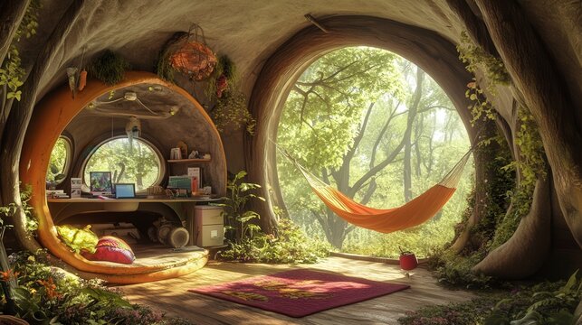 An enchanting, secluded room nestled within a tree-trunk home.