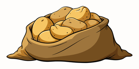 A highly realistic image of a burlap sack filled with fresh, raw potatoes, with several spilling out onto a clean white surface. The potatoes have natural, earthy textures with small blemishes and a s