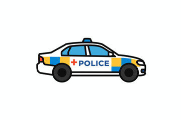 A simplified illustration of a police car, white with blue and yellow markings.