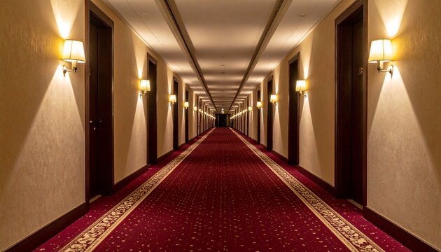 An endless hotel hallway with doors on both sides and a red carpet stretching into the distance.