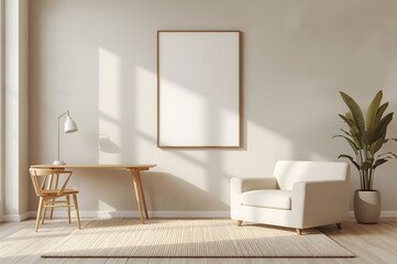 Mock up frame in home interior background, beige room with natural wooden furniture.