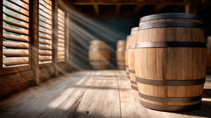 Sunlight streams through wooden shutters onto rustic wooden barrels in dimly lit storage room, creating warm, nostalgic atmosphere