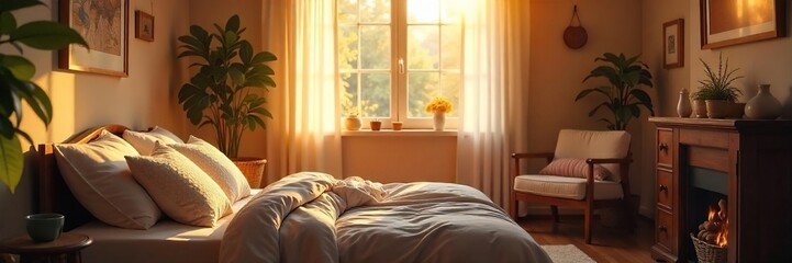Soft, warm light illuminates a cozy room, creating a serene and relaxing atmosphere Perfect for depicting peace, tranquility, and comfort , stillness, home decor