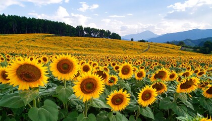Obraz premium Vibrant sunflower field under a clear blue sky