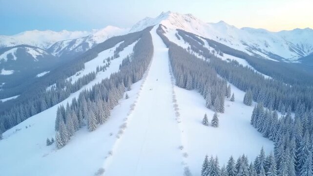 Winter drone shot of ski pistes and slopes covered with fresh powder snow in Tignes in Valdisere France