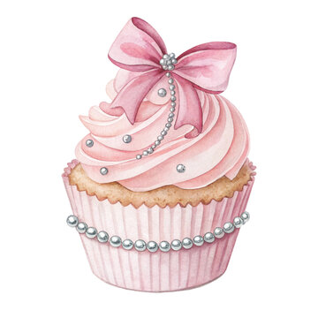 Watercolor illustration of a cupcake with soft pastel pink White Background