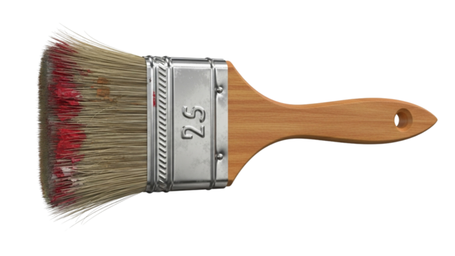 A wooden handle paintbrush with red paint on the bristles isolated on a Transparent Background