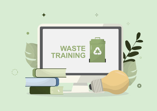 Waste Management Training. Environmental education. Recycling education program. Leadership training for sustainability. Workplace waste training session. Digital tools.Flat style. Vector illustration