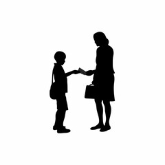 Silhouette of a boy giving money to his mother after work isolated on white background