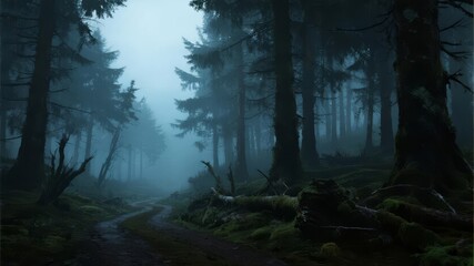 Fototapeta premium Mist-Shrouded Forest with Various Paths Illuminated by Atmospheric Lighting, Mystical and Serene Landscape