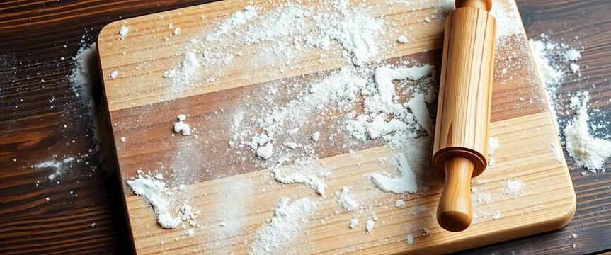 Rustic wooden pastry board, rolling pin, flour dusting, baking background,  cookie,  dessert