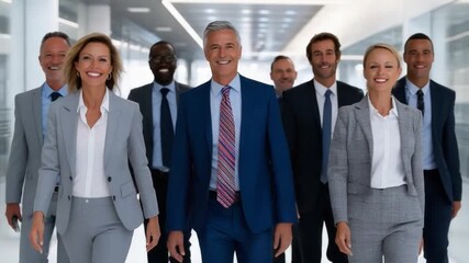 Power Walk: A confident, diverse group of business leaders strides purposefully towards the camera in a modern office setting, reflecting determination and leadership.