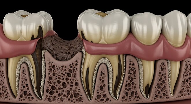 3D illustration of severe periodontal disease, depicting significant bone loss, gum recession, and tooth decay. Ideal for dental education and medical visuals.