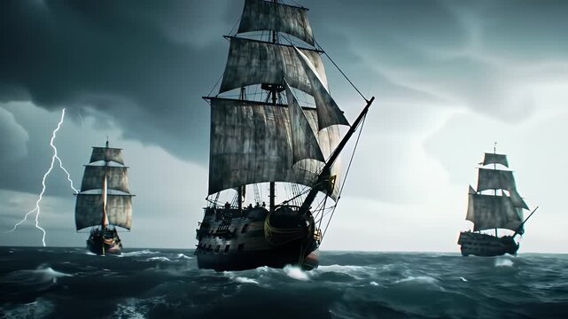 Three Antique Ships Sailing on a Stormy Blue Ocean under Dark Sky in Cinematic Style
