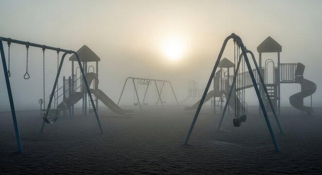 Eerie Playground Scene: Swings and Slides Silhouetted in Dense Fog