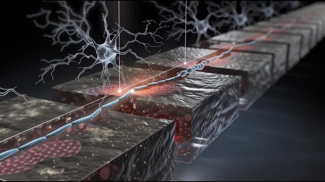 BDNF. Brain-Derived Neurotrophic Factor. Neuroplasticity. Brain health. Cognitive function. Illustration of nerve cells interacting with a cellular structure.